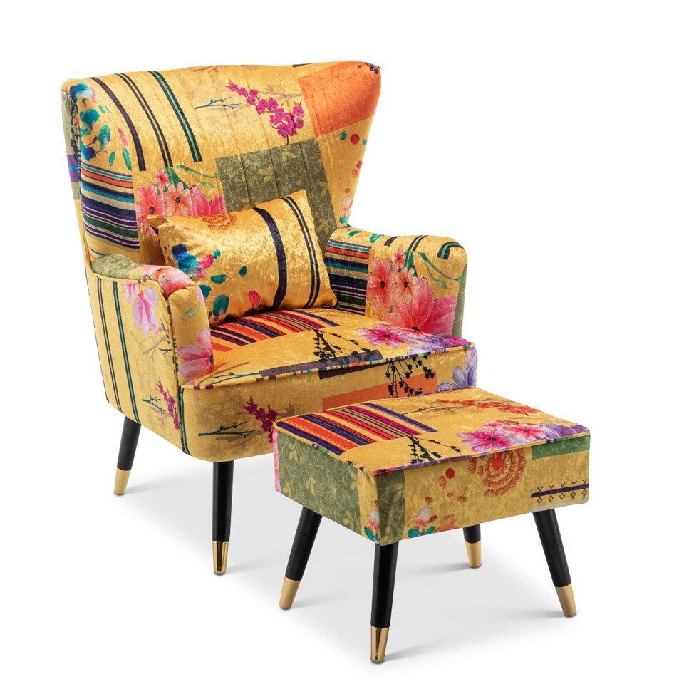 image 1 of Fabric Gold Patchwork Victoria Accent Wingback Chair with Footstool