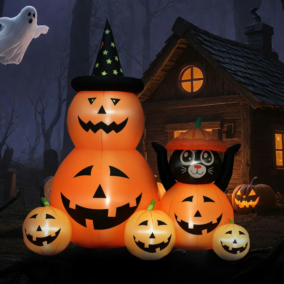 image 1 of Outsunny Pumpkin and Cat with LED Lights, Halloween Inflatables Decoration