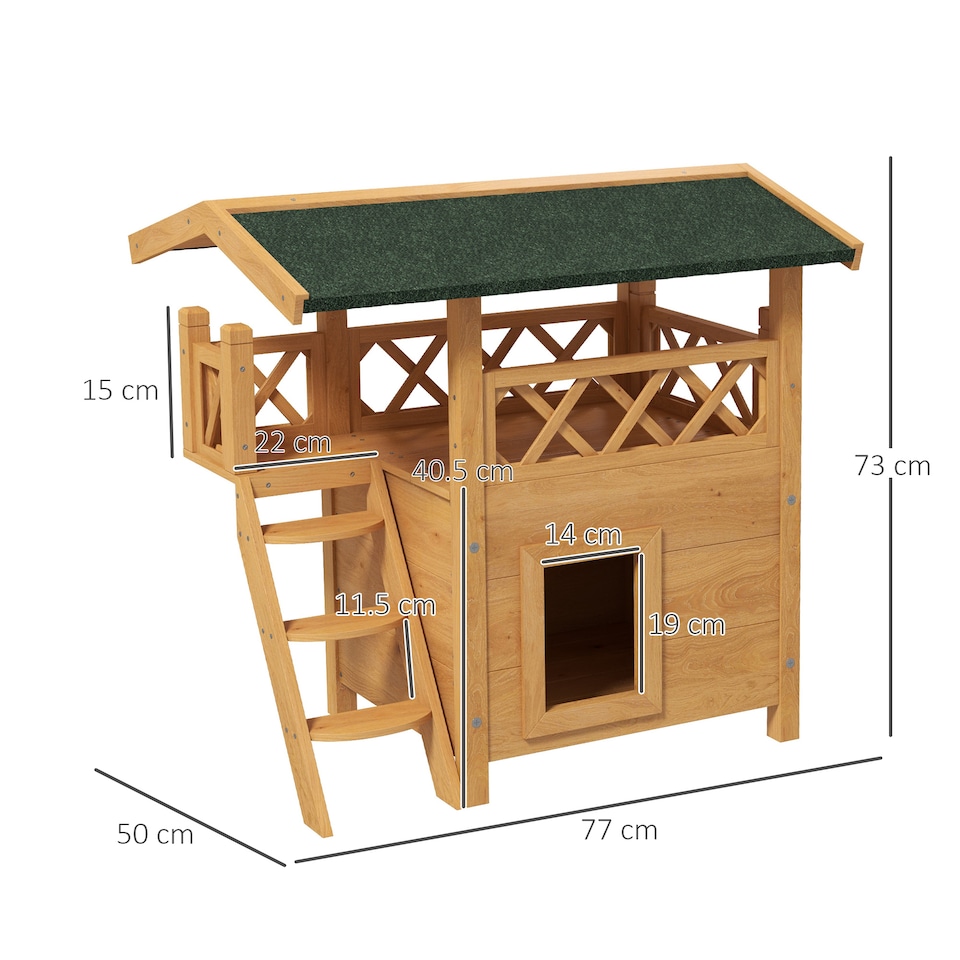 image 1 of PawHut Outdoor Cat House Kitten Shelter Puppy Kennel with Balcony Stairs Asphalt Roof, 77 x 50 x 73 cm