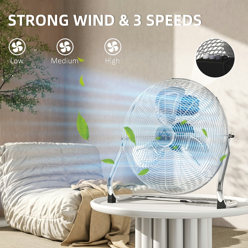 image 1 of HOMCOM Metal Floor Fan with 3 Speeds & Adjustable Tilt, Silver Tone