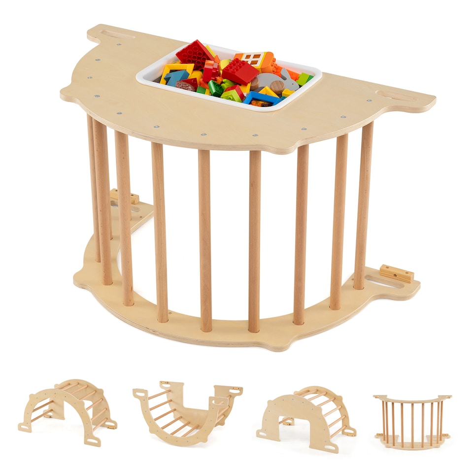 image 1 of COSTWAY Kids Climbing Arch Sensory Table Montessori Wooden Climber Toy-Natural
