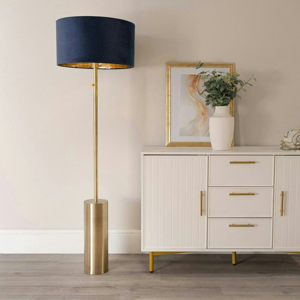image 1 of ValueLights Lexy Gold Dimmable Floor Lamp with Navy Blue Velvet with Gold Inner Lamp Shade and LED Bulb