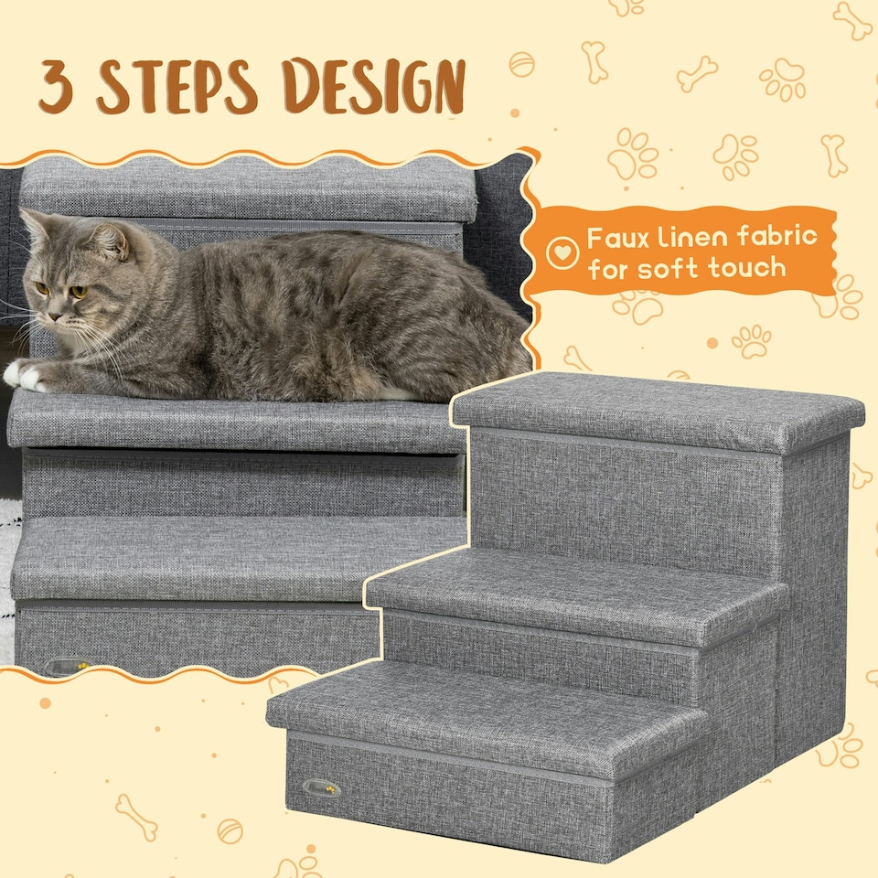 image 1 of PawHut 3 Step Dog Steps with Storage Boxes, Cat Stairs for Bed Sofa, Light Grey