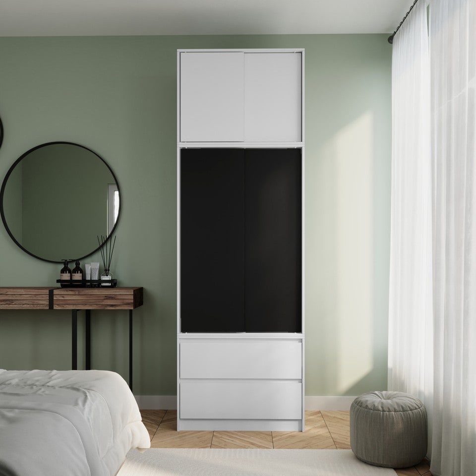 image 1 of 240cm 2 Sliding Doors Wardrobe Bedroom Storage Closet Hanging Rail Cupboard Unit | Multi | White Carcass & Black Doors | 1