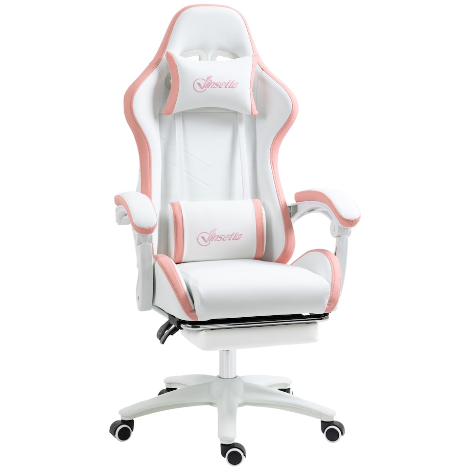 image 1 of Vinsetto Computer Gaming Chair, PU Leather Office Desk Chair with Footrest, Swivel Wheels, 135 Reclining Back, Lumbar Support, Headrest for Home, White and Pink