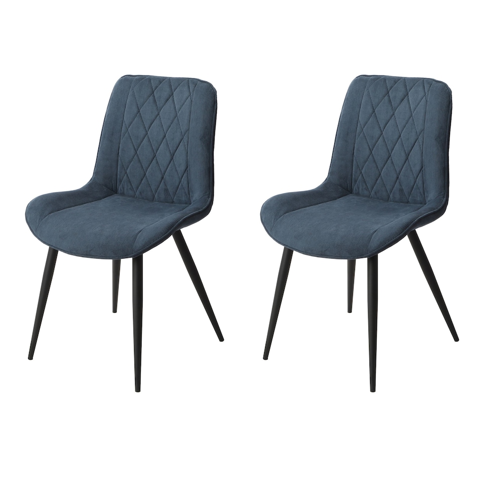 image 1 of Pair of Aspen Cord Fabric Diamond Stitch Dining Chairs with Curved Seat and Black Tapered Metal Legs | Blue | Blue | 1