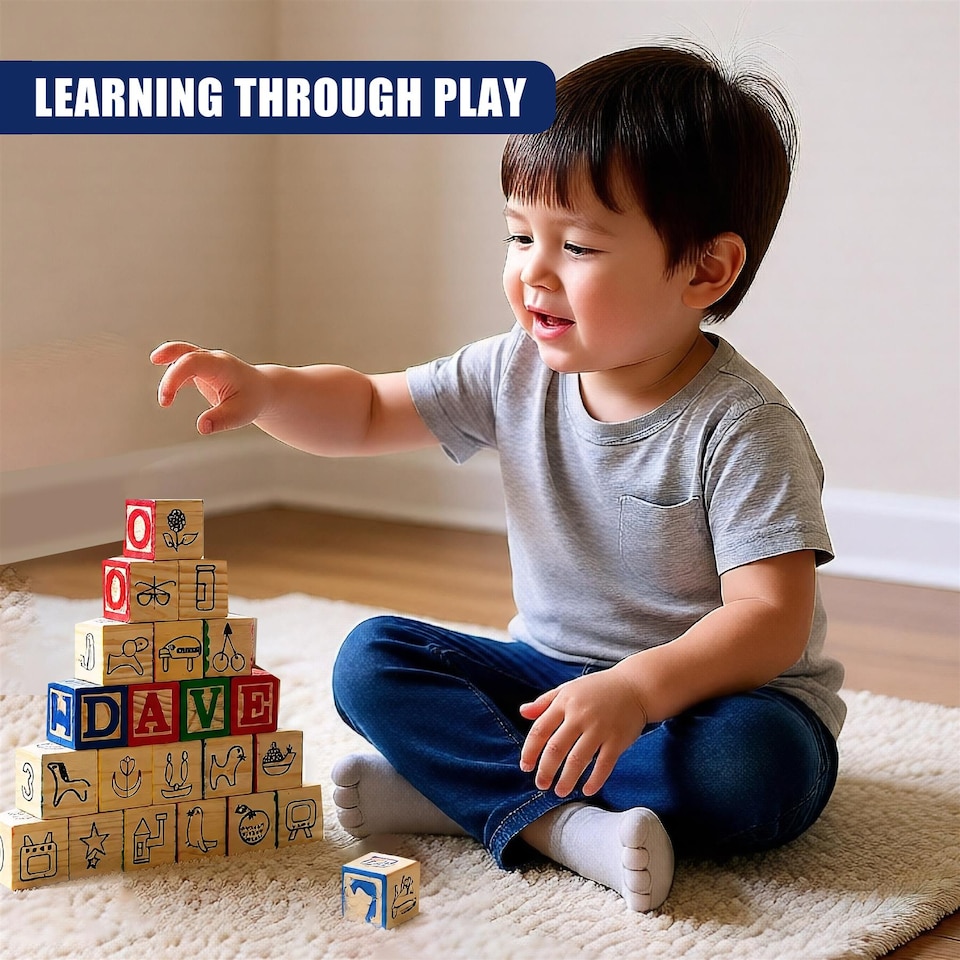 image 1 of The Magic Toy Shop ABC Alphabet Number Block Set Wooden Educational Building Blocks 30 Pcs