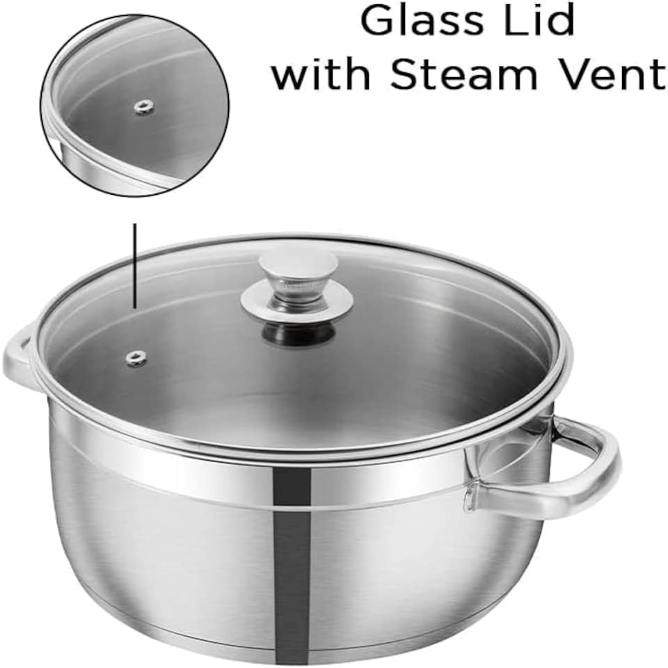 image 1 of Vinod Cookware Two Tone Stainless Steel Sauce Pot with Glass Lid - Steam Vent, Sturdy Handle Induction Bottom (14cm , 1 ltr) N/A