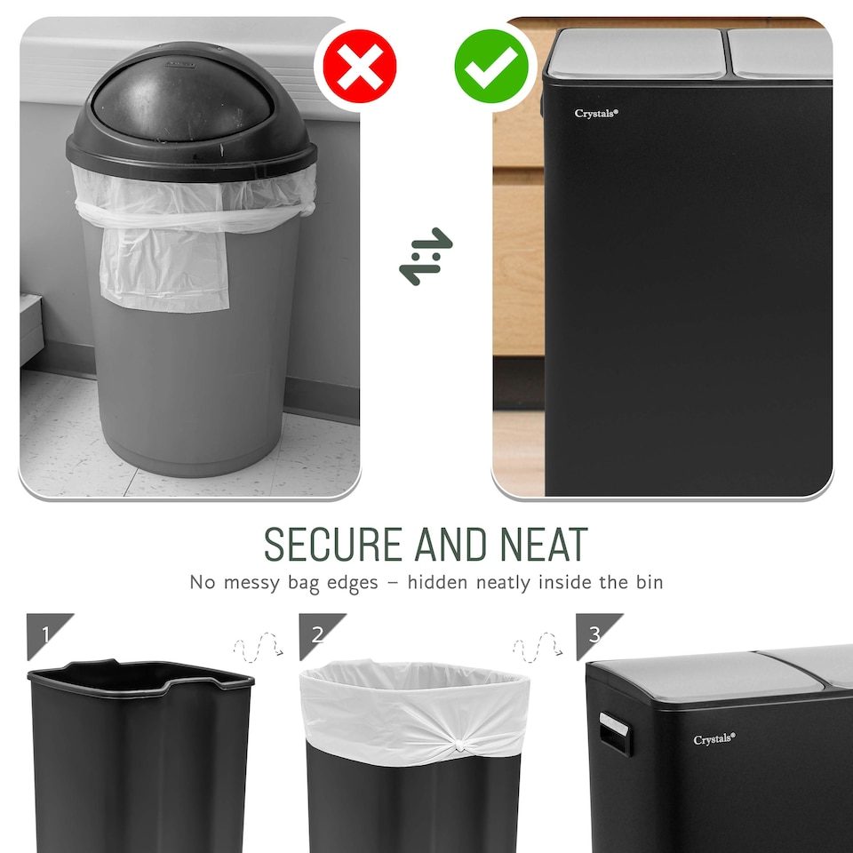 image 1 of Kitchen Rubbish Recycling Pedal Bin 60L Dual 2 Waste Compartment Black Black