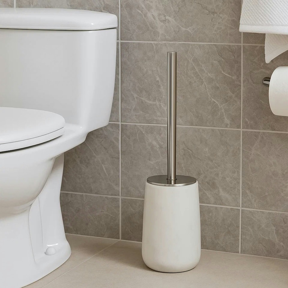 image 1 of Interiors by Premier  Off White Marble & Stainless Steel Toilet Brush, Lavatory Brushes With Strong Grip, Compact Loo Brush Silver