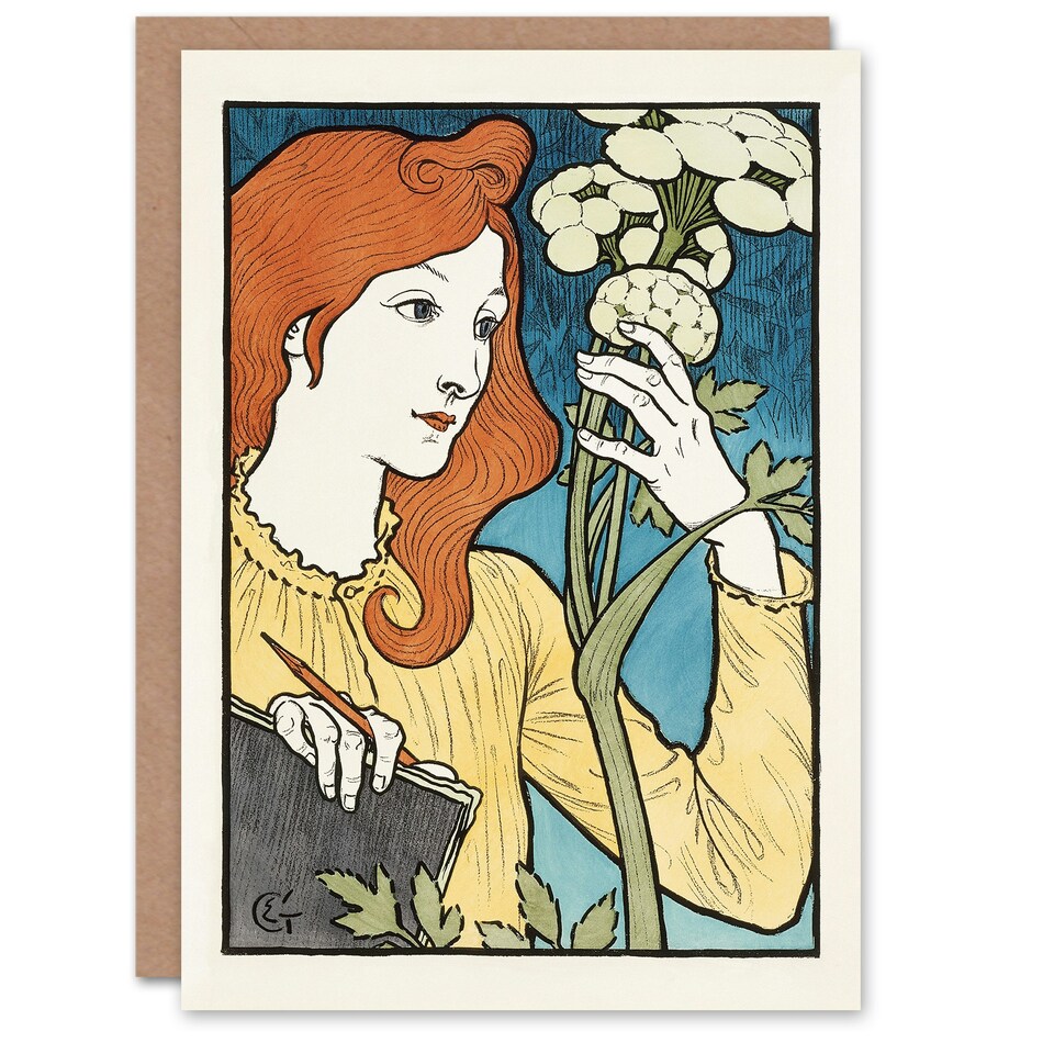 image 1 of Eugene Grasset Art Card Salon des Cent Woman Drawing Flower