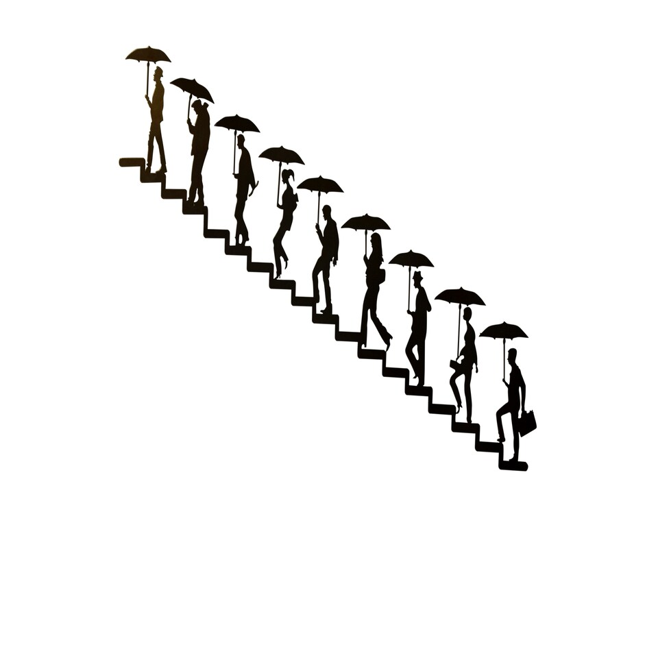 image 1 of Urban Journey Metal Wall Art | Figures Climbing Stairs with Umbrellas | Modern Silhouette Decor for Indoor & Outdoor Use Right to Left Orientation