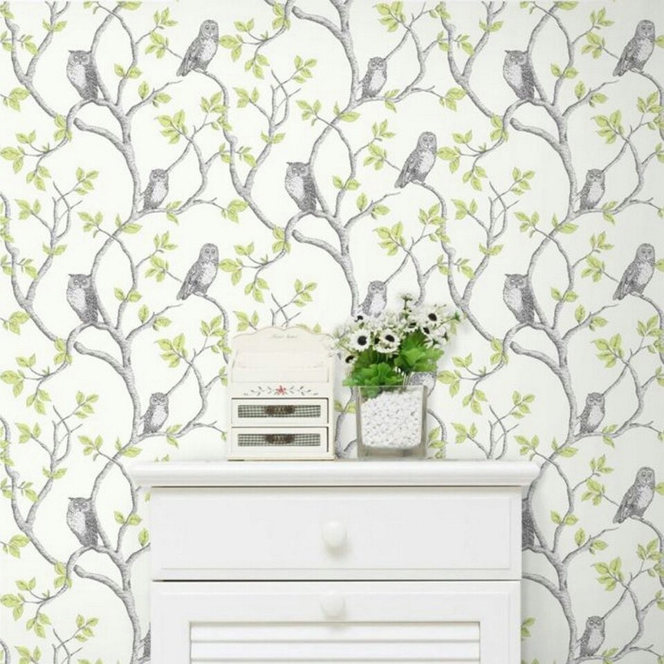 image 1 of Fine Decor Owl Wallpaper - Green/Cream/Grey - 32.9ft x 20.5in Green