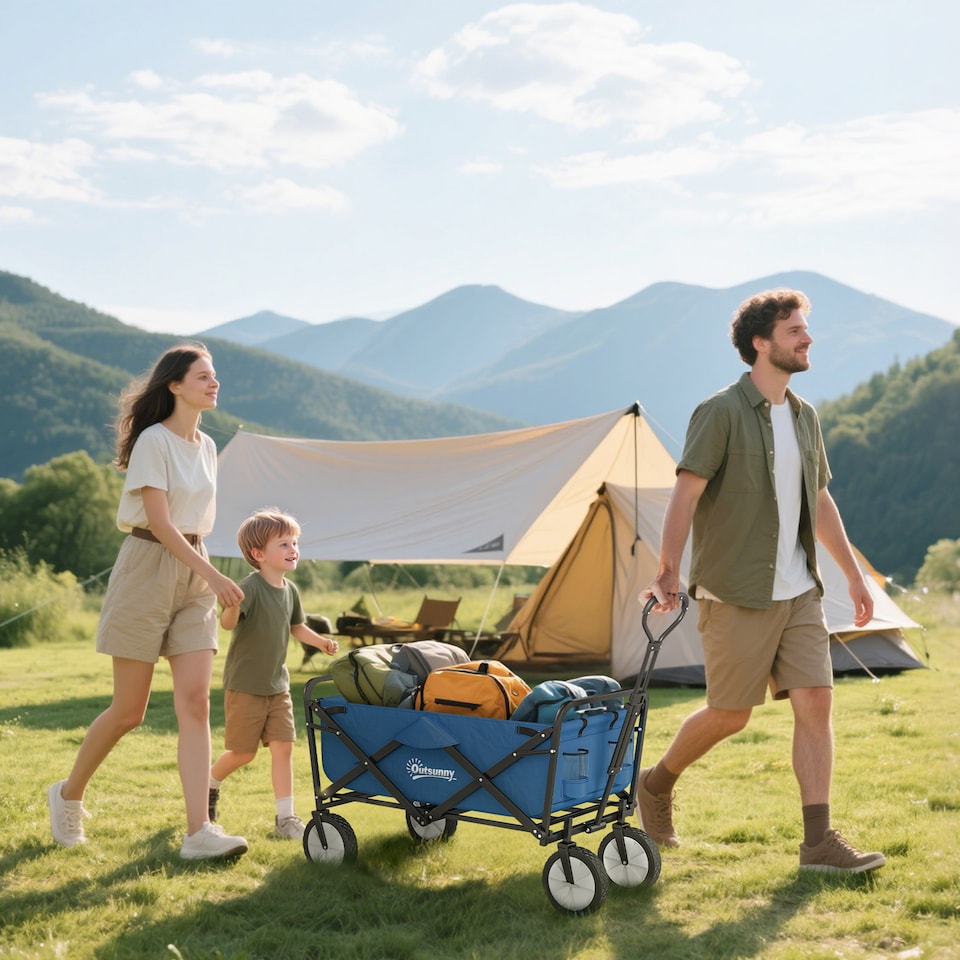 image 1 of Outsunny Folding Outdoor Storage Trolley Cart Bag Telescopic Handle Brakes Blue