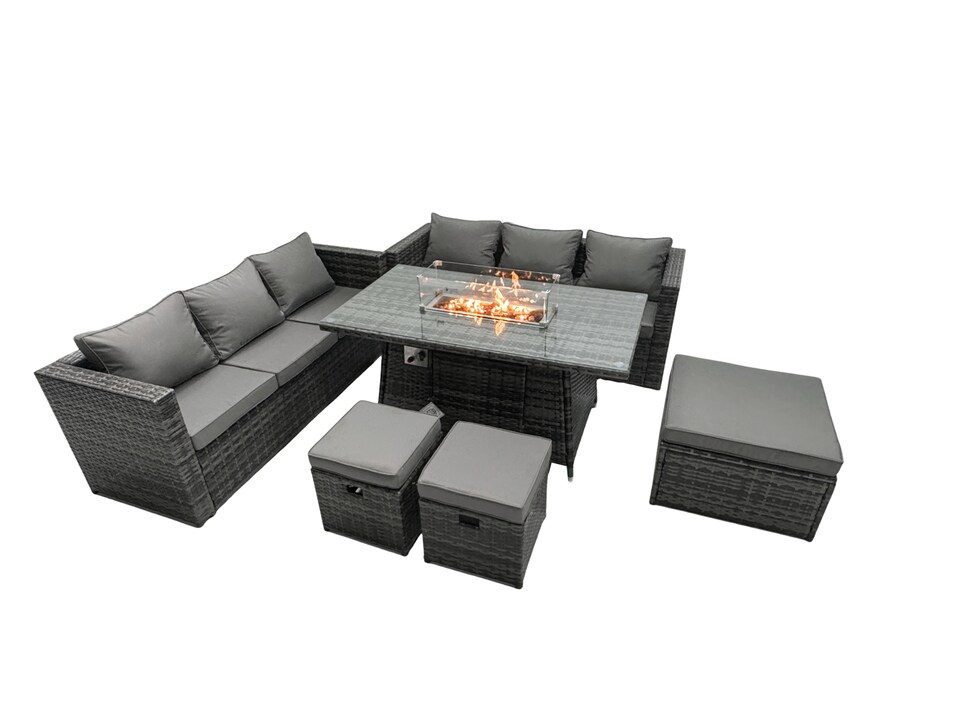 image 1 of Fimous Rattan Garden Furniture Firepit Dining Set 9 Seater Lounge Sofa Table Set with 3 Footstool