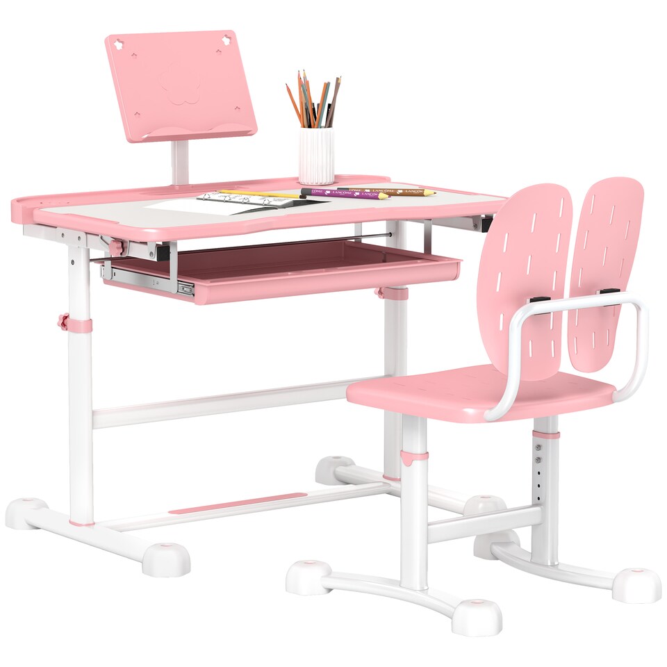 image 1 of AIYAPLAY Height Adjustable Kids Desk and Chair Set w Tilted Desktop | Pink