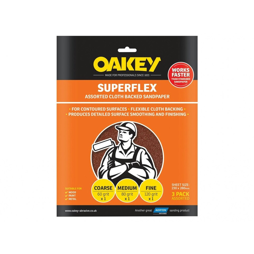 Oakey Superflex Cloth Backed Aluminium Oxide Sheets 230 X 280mm Assorted (3) - Multi Colour - 230 x 280mm