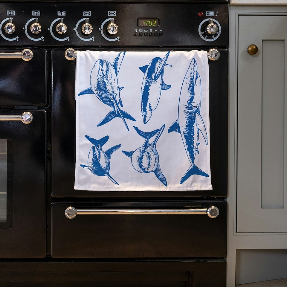image 1 of Graphical set of blue sharks isolated on white background (Kitchen Towel)