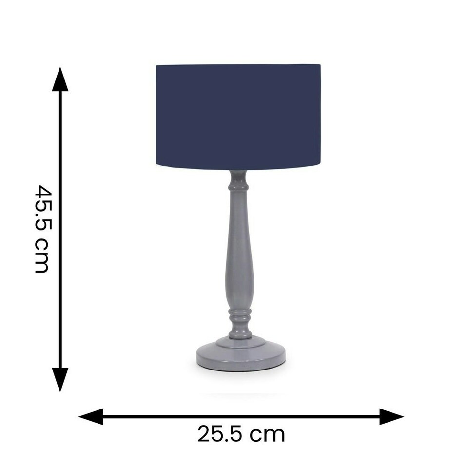image 1 of ValueLights Victoria Grey Wood Traditional Stem Table Lamp with Navy Blue Fabric Drum Shade