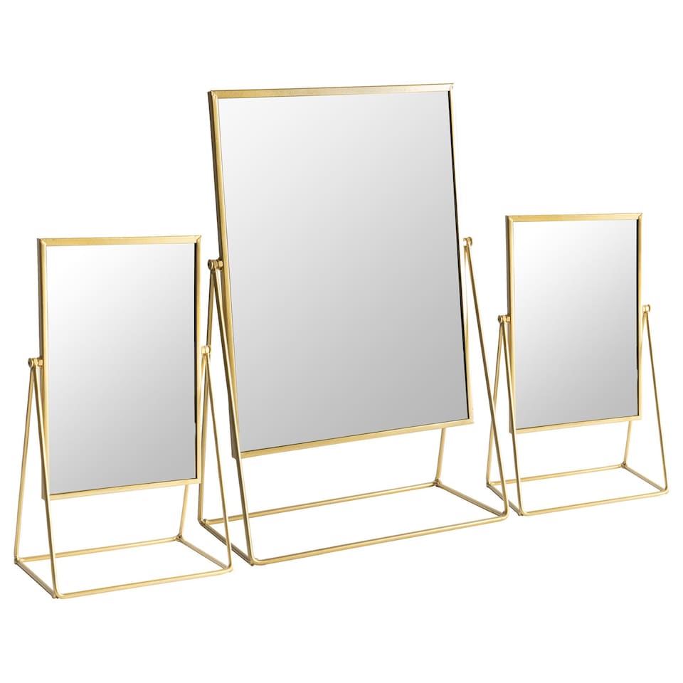 image 1 of Harbour Housewares 3pc Dressing Table Mirror Set - 2 Sizes - Gold - Makeup Mirror Bathroom Mirror Vanity Mirror Tabletop Mirror | Gold | Gold | L - 50 x 32 x 16.5 CM | S - 39 x 22 x 15 CM | 2