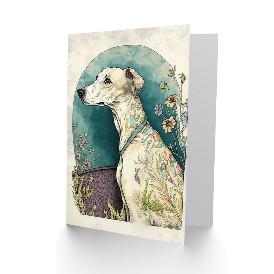 image 1 of Dog Lover Whippet Modern Boho Flowers Pet Portrait Greeting Card