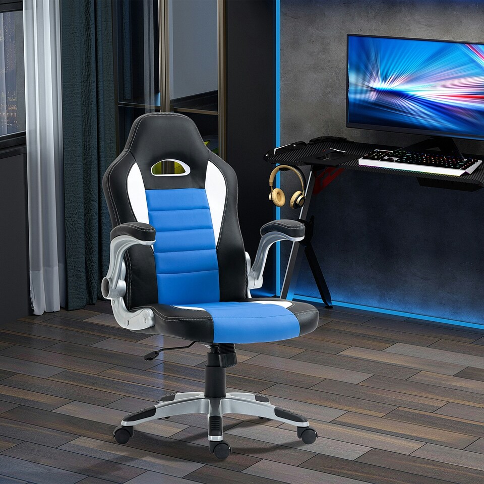 image 1 of HOMCOM Gaming Chair PU Leather Office Chair Swivel Chair w/ Tilt Function, Blue