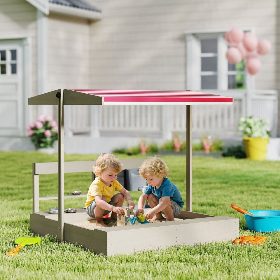 image 1 of Outsunny Kids Wooden Sandbox w Canopy, Kitchen Toys, Seat, Storage, for Outdoor