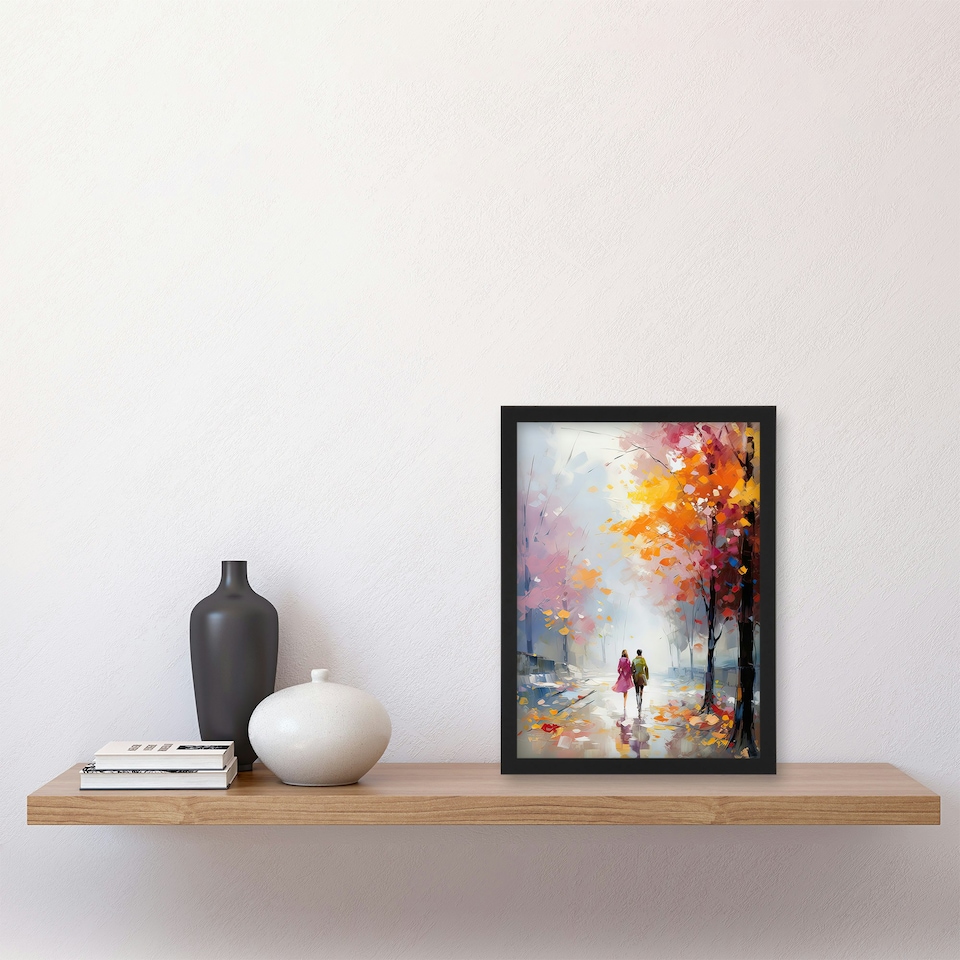 image 1 of Lovers Autumn Walk Oil Orange Pink Couple Black Framed Wall Art Print A4