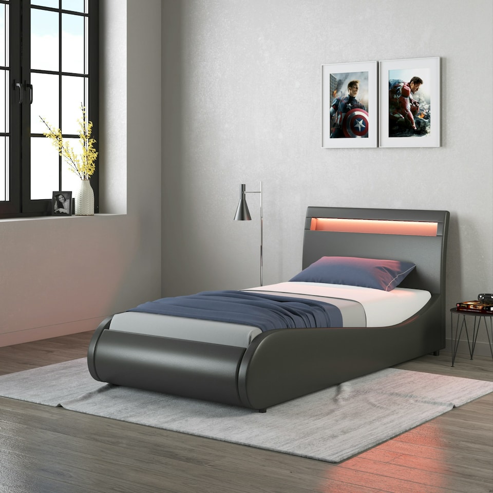image 1 of Orion LED Lights Headboard Gaming Style Black Faux Leather Bed Frame (Single) | Black | Black | Single