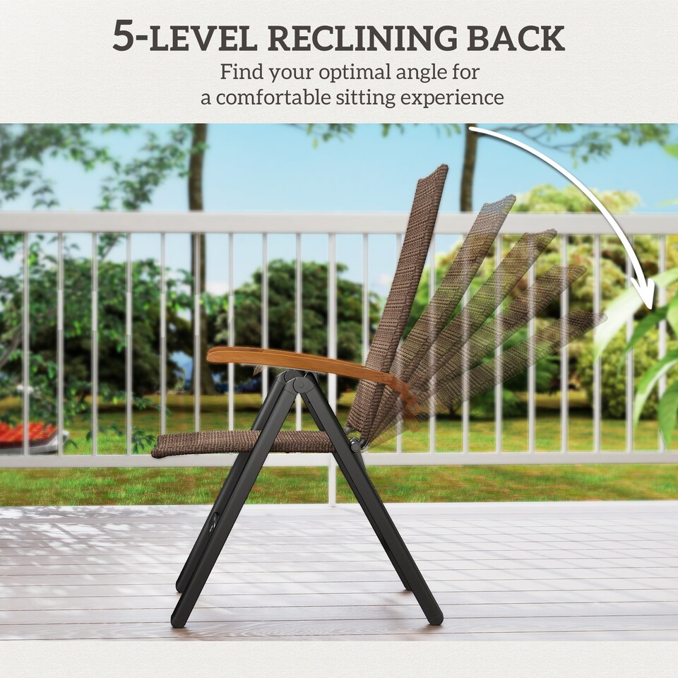 image 1 of Outsunny Folding Garden Chair, 5-level Reclining PE Rattan Garden Dining Chair with Wood Armrests, High Back and Steel Frame for Outdoor, Patio, Terrace, Porch, Brown | Brown | Brown