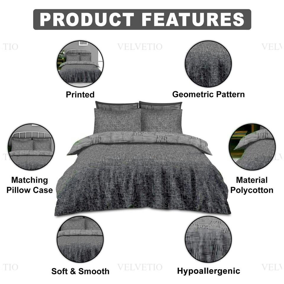 image 1 of Ryder Printed Duvet Cover Set Reversible Polycotton Beddings Grey | King