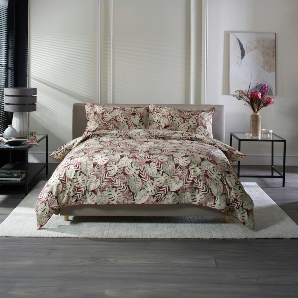 image 1 of Tropical Garden Red 180 Thread Count 100% Cotton Duvet Cover Set with Piped Finish Red | Red | Double