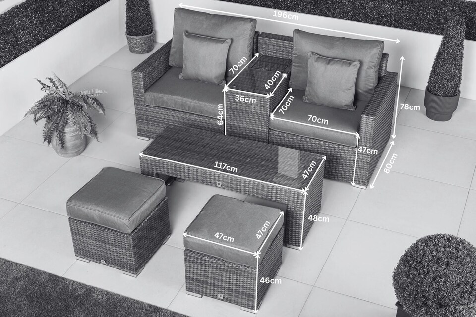 image 1 of Havana 2 Seat Modular Sofa Rattan Garden Balcony Furniture Set Outdoor Drinks Cooler Table, Coffee Table & Stools | Grey | Grey | Two Seater