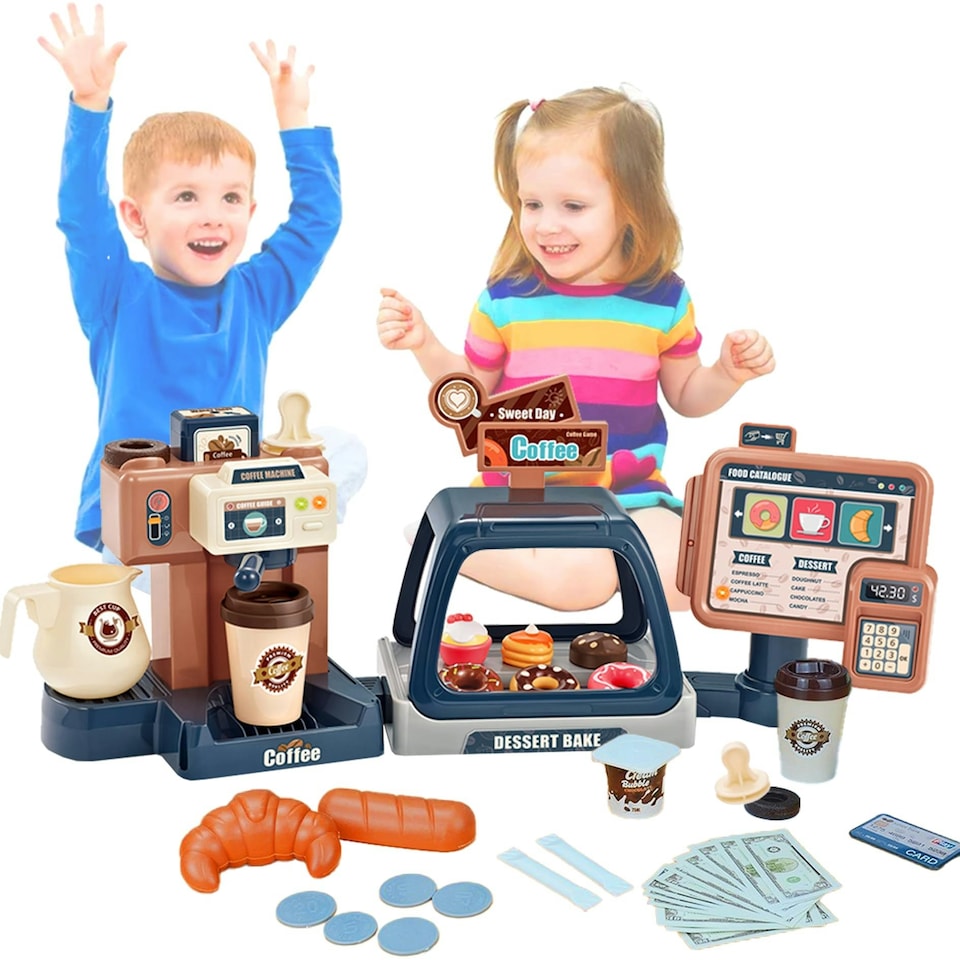 image 1 of Pretend Kitchen Coffee Playset with Cash Register, Coffee Maker & Accessories – Toddler Role Play Toy for Kids 3+