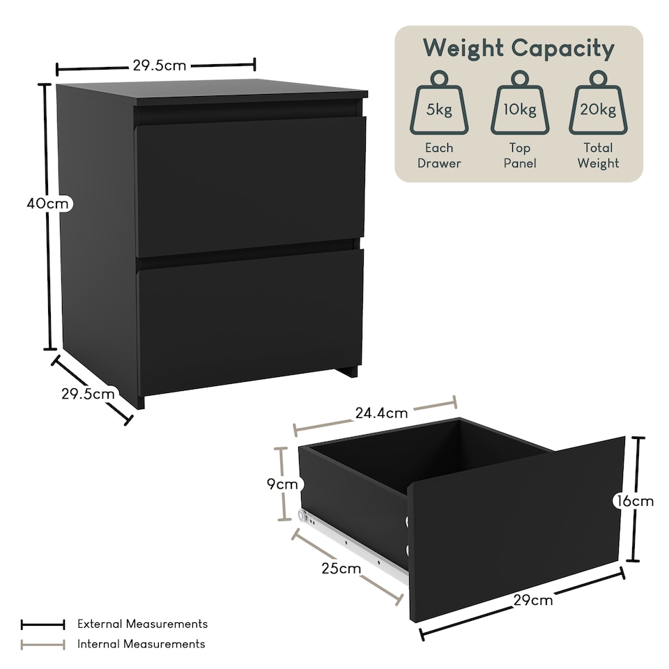 image 1 of Vida Designs Denver 2 Drawer Bedside Chest Cabinet Table Nightstand, Black