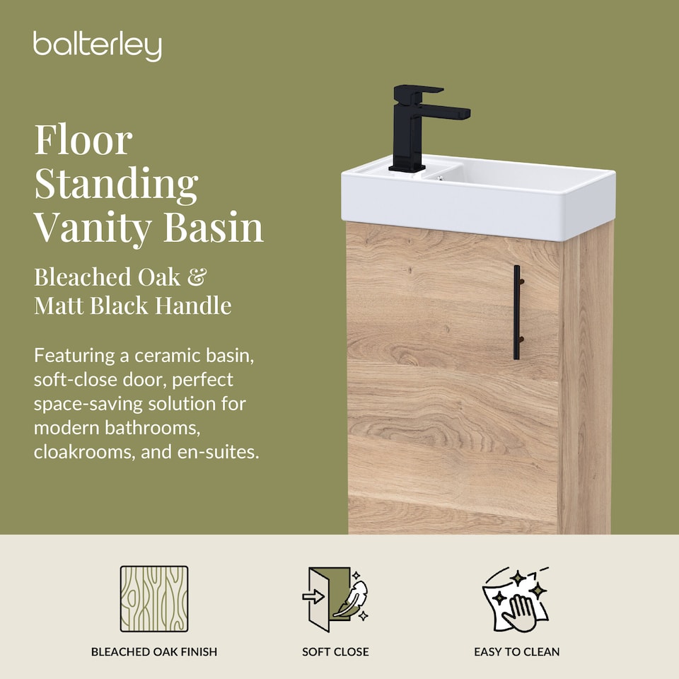 image 1 of Floor Standing Vanity Basin 400mm Bleached Oak & Matt Black Handle | Brown | Bleached Cuneo Oak | 781 x 400 x 222mm