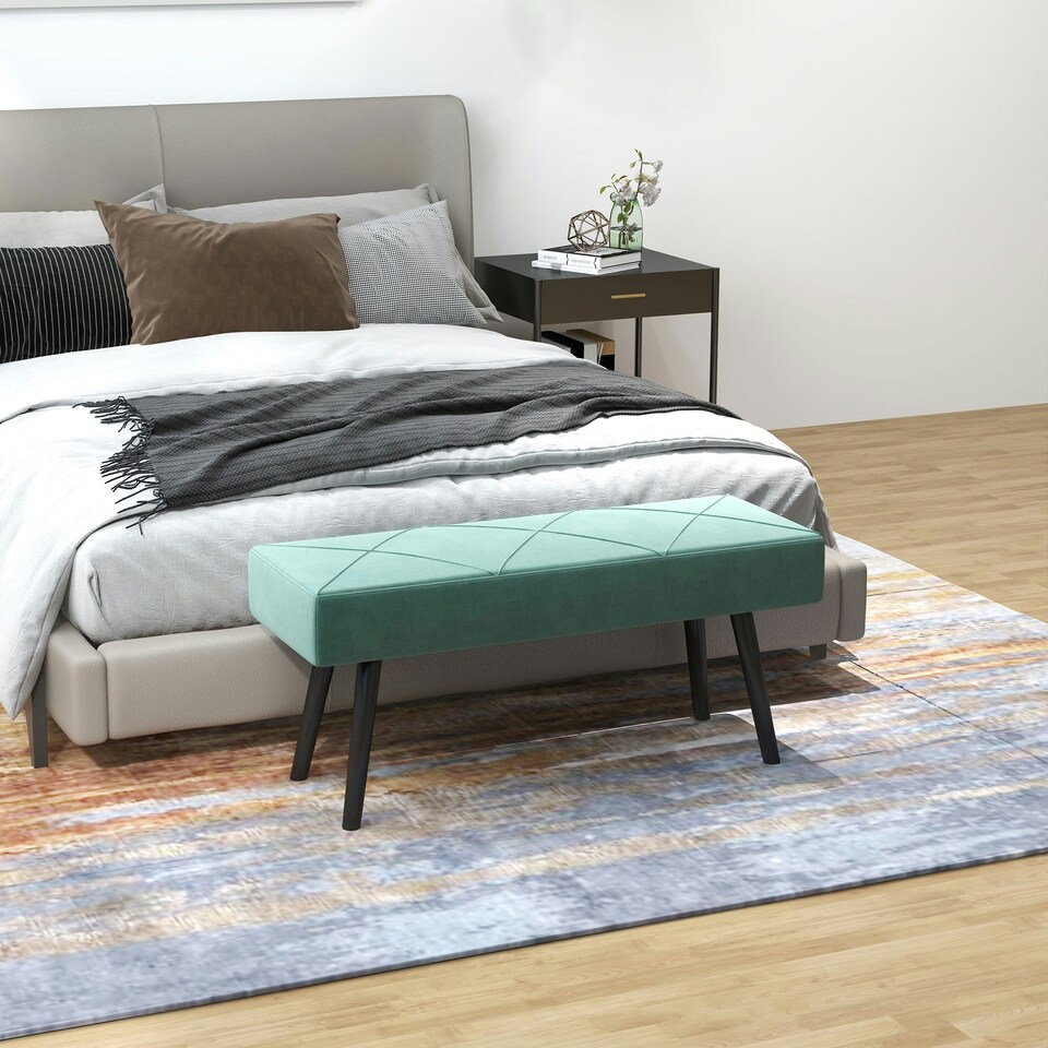 image 1 of HOMCOM End of Bed Bench, Upholstered Hallway Bedroom with Steel Legs, Green