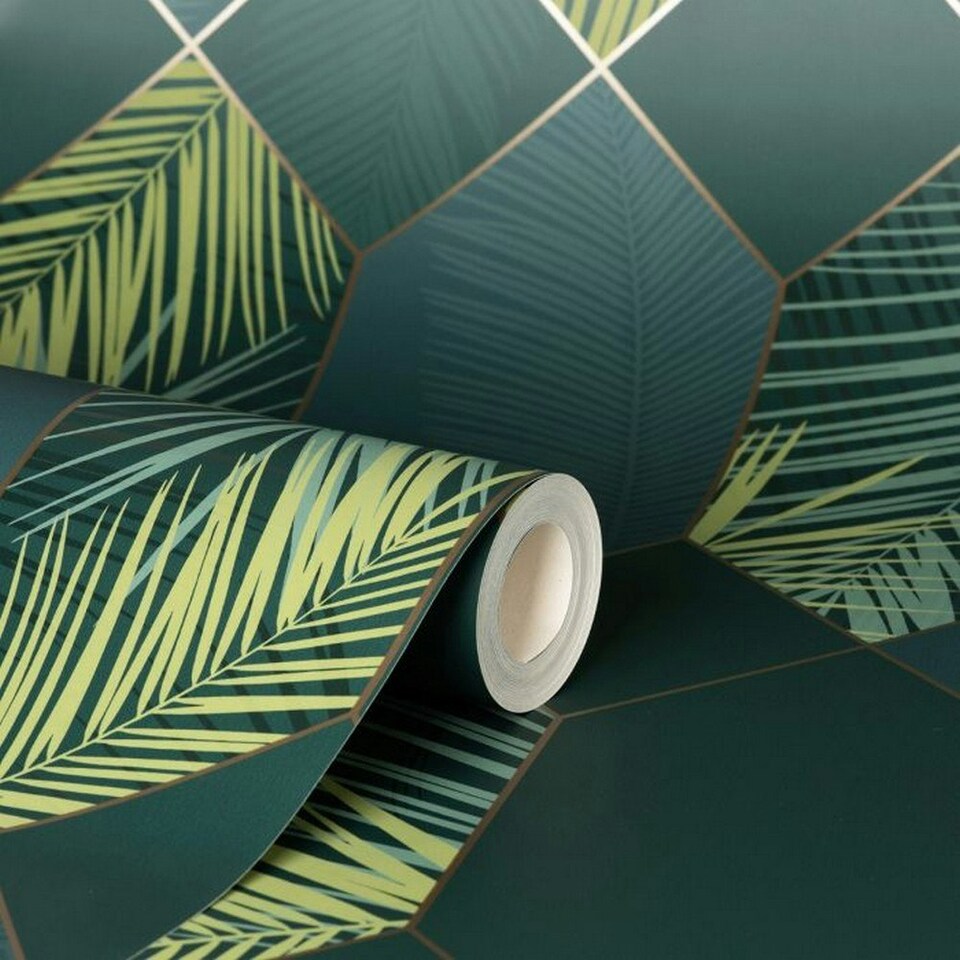 image 1 of Fine Decor Miami Geometric Leaf Wallpaper - Emerald Green/Gold - One Size Green