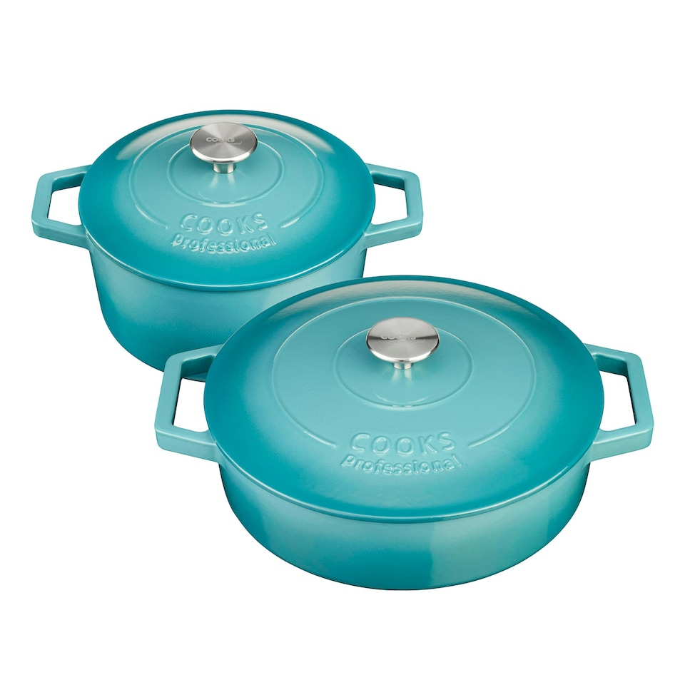 image 1 of Cooks Professional Cast Iron Casserole Set of 2 | 20cm and 28cm | Enamelled Inside and Out | Graduated Teal