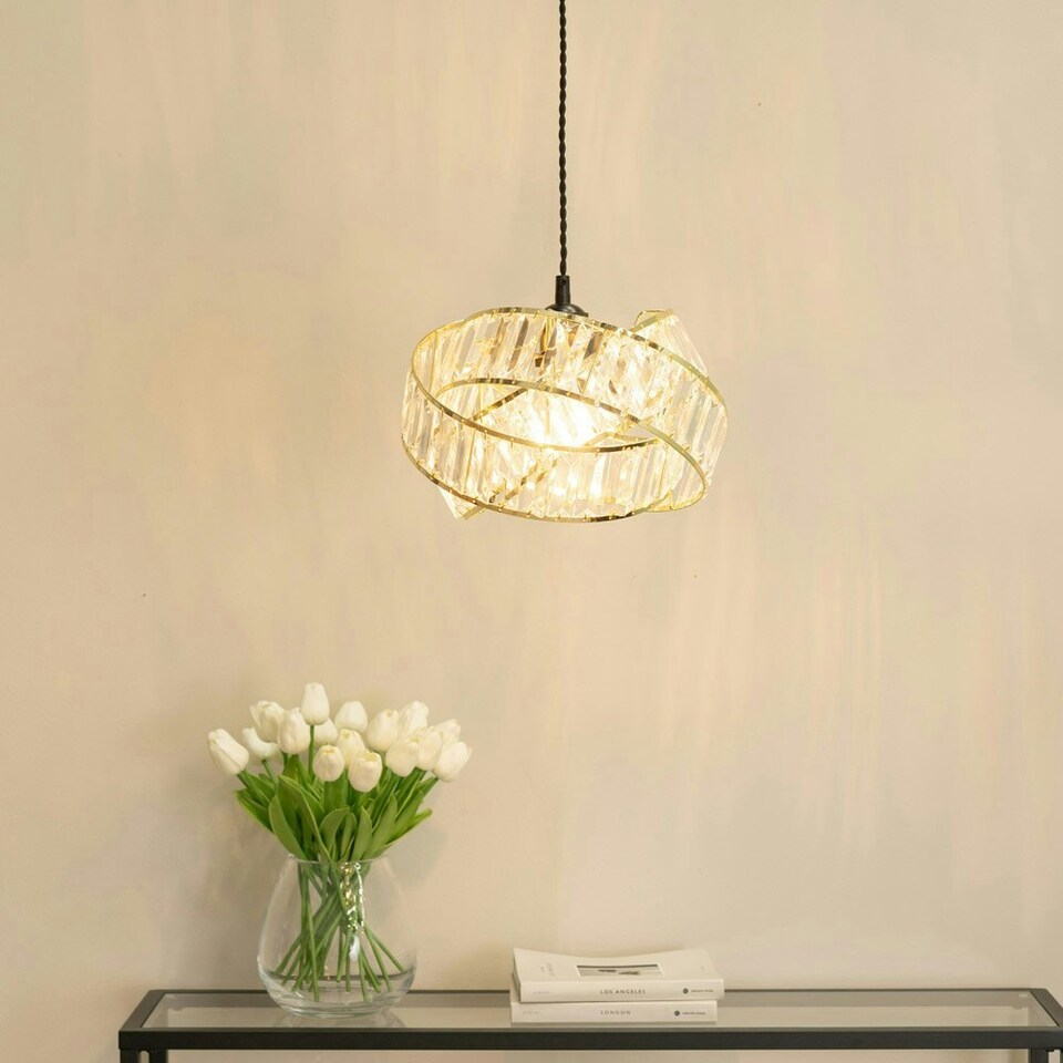 image 1 of ValueLights Hudson Pair of Acrylic Jewel Gold Intertwined Twisted Easy Fit Lamp Shades with LED Bulbs