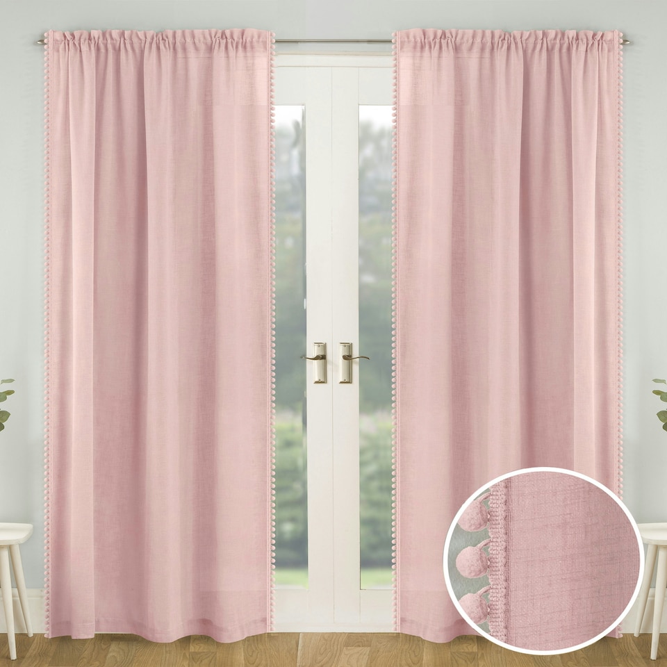 image 1 of Pair of Tahiti Blush Pom Pom Trim Voile Panels 137 cm (54 inch) Rod Pocket Linen Look Panels for Bedroom and Living Room