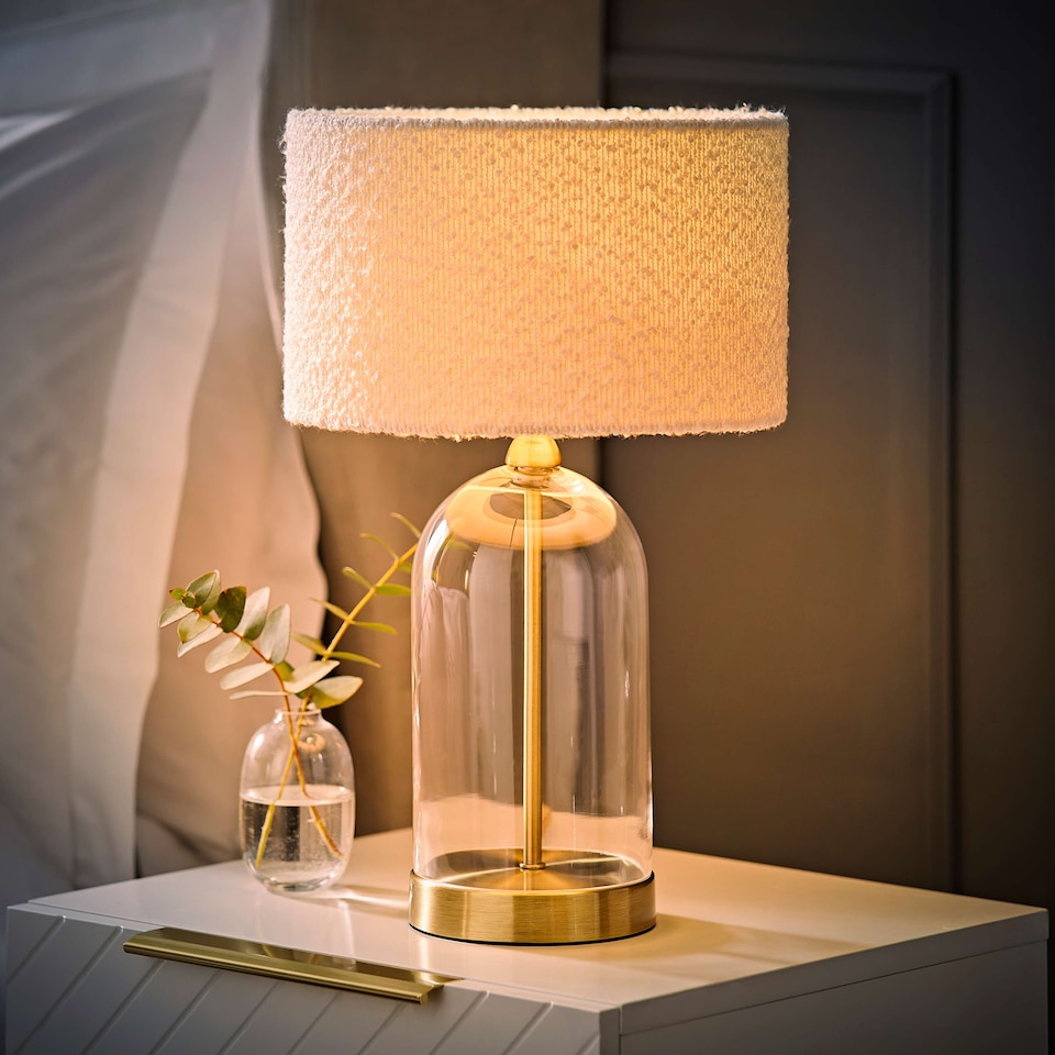 image 1 of ValueLights Jessy Glass Gold Metal Table Lamp Cream Boucle Shade & Bulb | Cream