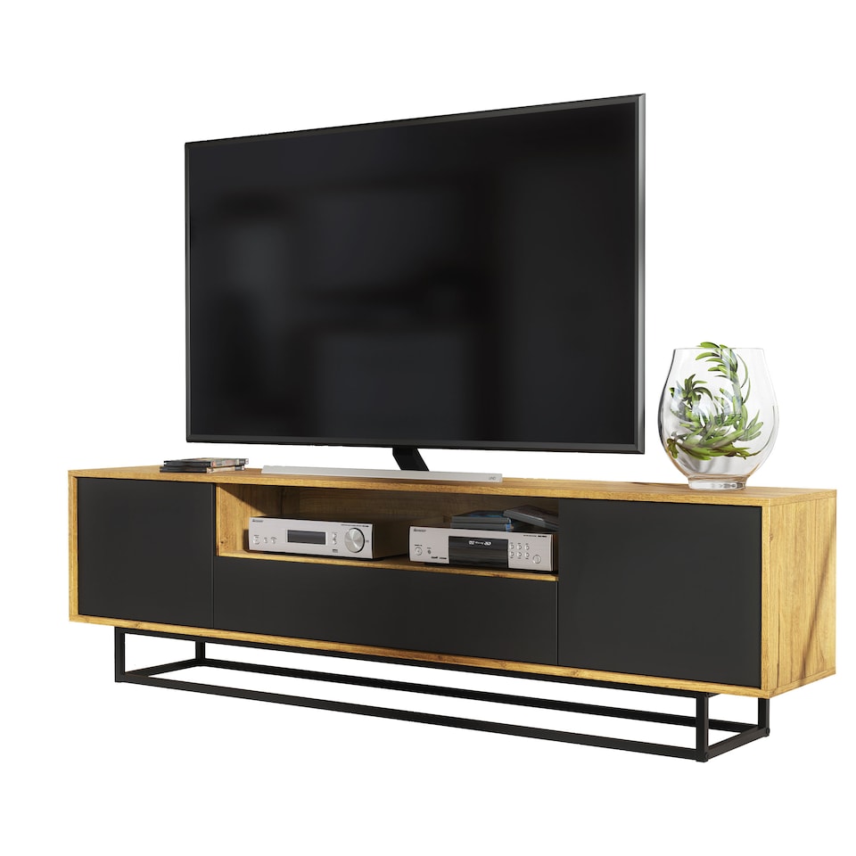 image 1 of TV Unit Sideboard Cabinet Storage Cabinet Oak Black Matt Media Console Stand 200cm