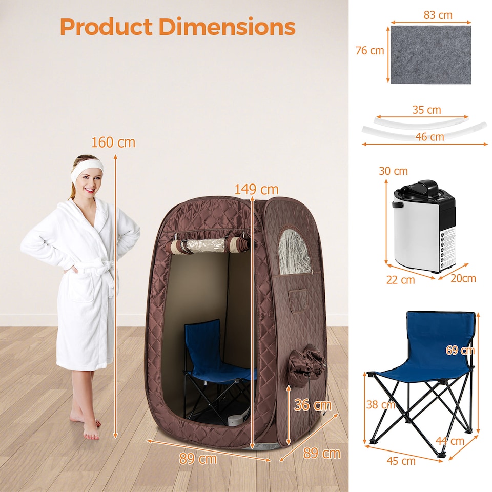 image 1 of COSTWAY Portable Steam Sauna Tent 1 or 2 People Sauna Tent Foldable Chair-Coffee