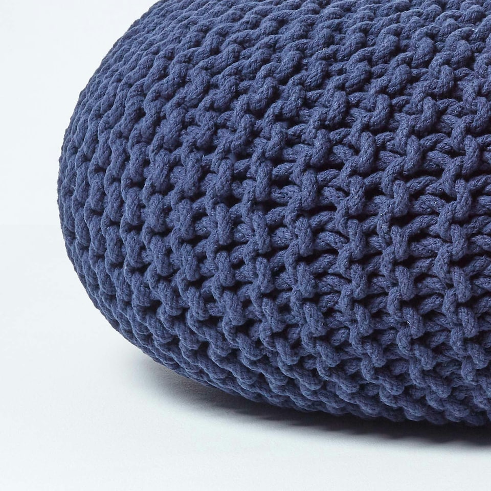 image 1 of Homescapes Navy Blue Large Round Cotton Knitted Pouffe Footstool