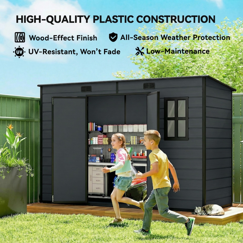 image 1 of Outsunny 10 x 4 ft Plastic Garden Shed with Floor, Lockable Doors Dark Grey | Grey | Dark Grey