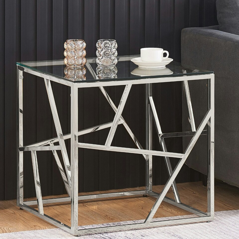 image 1 of Square Chrome Effect, Tempered Glass Lamp Side Table In Silver
