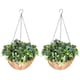 image 1 of HOMCOM Pack of 2 Faux Plant Artificial Lisianthus Flowers, Hanging Planters with Basket, PE Leaves, 18 Flowers and 3 Pinecones, Decorative Faux Plants for Home Office Decor, Green