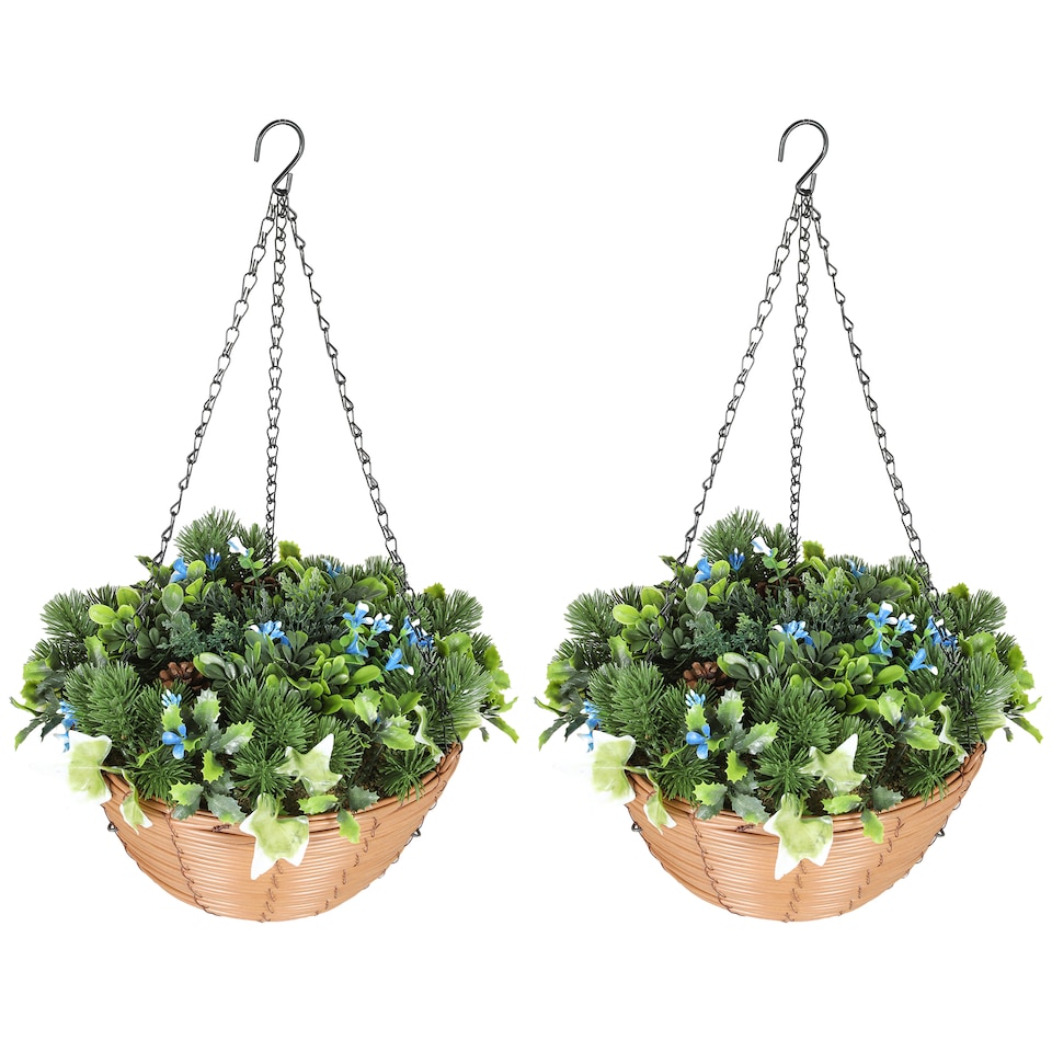 image 1 of HOMCOM Pack of 2 Faux Plant Artificial Lisianthus Flowers, Hanging Planters with Basket, PE Leaves, 18 Flowers and 3 Pinecones, Decorative Faux Plants for Home Office Decor, Green