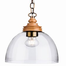 Comet 1 Light Dome Ceiling Pendant Natural Wood with Clear Glass, E27